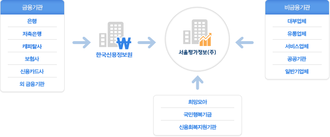 CB정보는 최종적으로 서울평가정보㈜로 모입니다,  금융기관(은행, 저축은행, 보험사, 신용카드사 외 금융기관)은 한국신용정보원을 거쳐  오게 되고, 비금융기관(대부업체, 유통업체, 서비스업체, 공공기관, 일반기업체), 희망모아, 국민행복기금, 신용회복지원기관은 다른 곳을 거치지 않고 오게 됩니다.